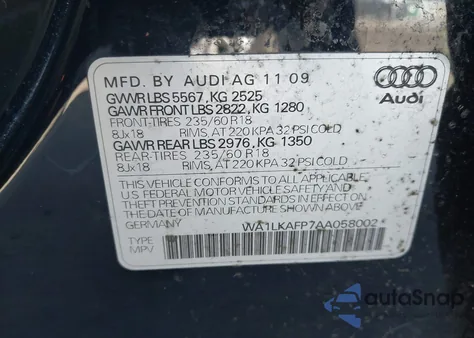 2010 Audi Q5 3.2 Premium z USA, uszkodzony, nr VIN WA1LKAFP7AA058002